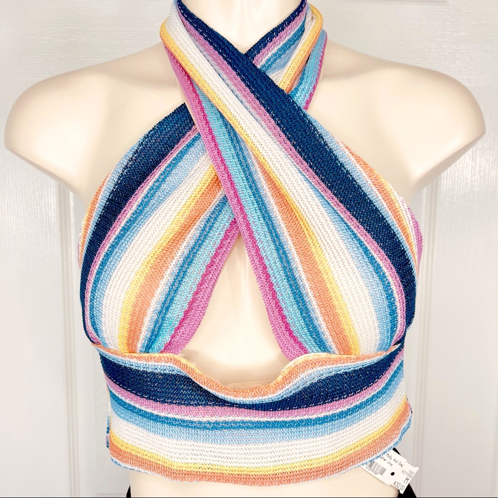 MOLLY AND ZOEY halter crop top twist halter crop top multi color stripes M Beach - Picture 1 of 8